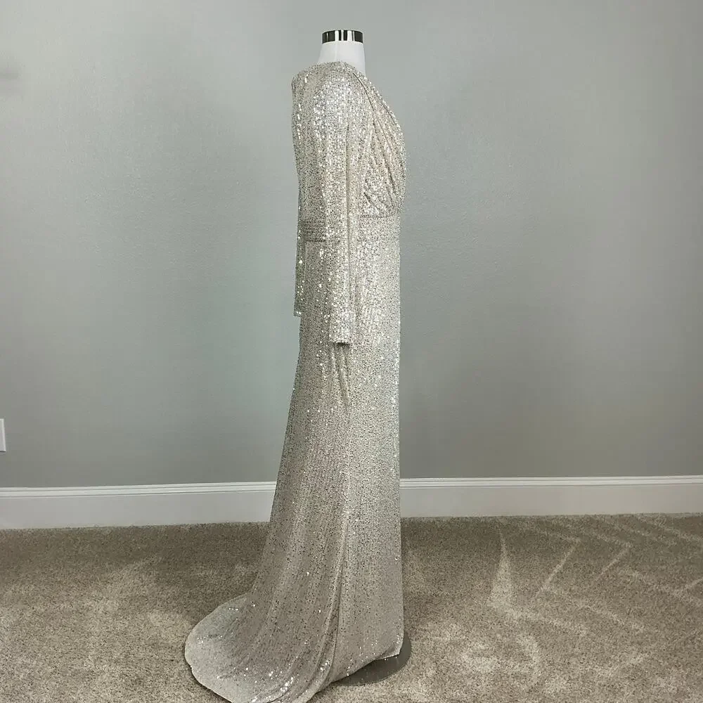 Mac Duggal 26490 Champagne Gold Evening Gown Sequined Long Sleeve Dress Size 16